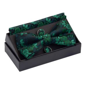 GUSLESON Green Floral Bow Tie Pre-tied Silk Bowtie and Pocket Square Cufflink Set(0582-10)