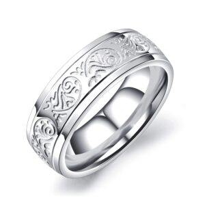 TEMICO 7mm Engraved Florentine Design Stainless Steel Ring Band Silver Tone, Size 11