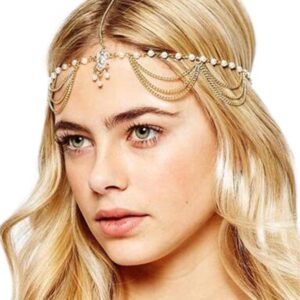 Chargances Women Head Chain Gold-tone Rhinestone Crystal Bridal Head Chain Wedding Hair Accessorie Indian Costume Jewelry Egyptian Headband Belly Dance or 1920s Fashion Style Party Headpiece for Women