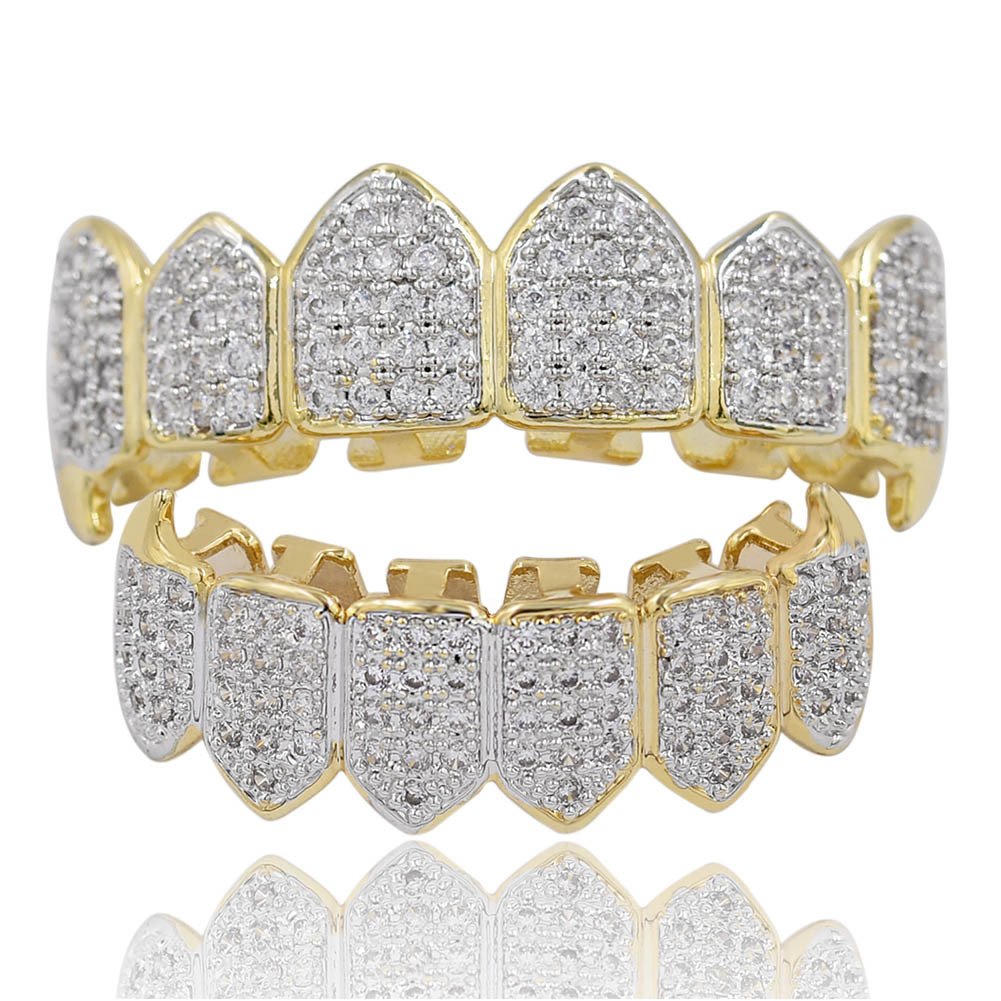 Moca Jewelry Hip Hop Unisex 18K Gold Plated Iced Out CZ Simulated Diamond Top Bottom Teeth Grillz Set for Men Women