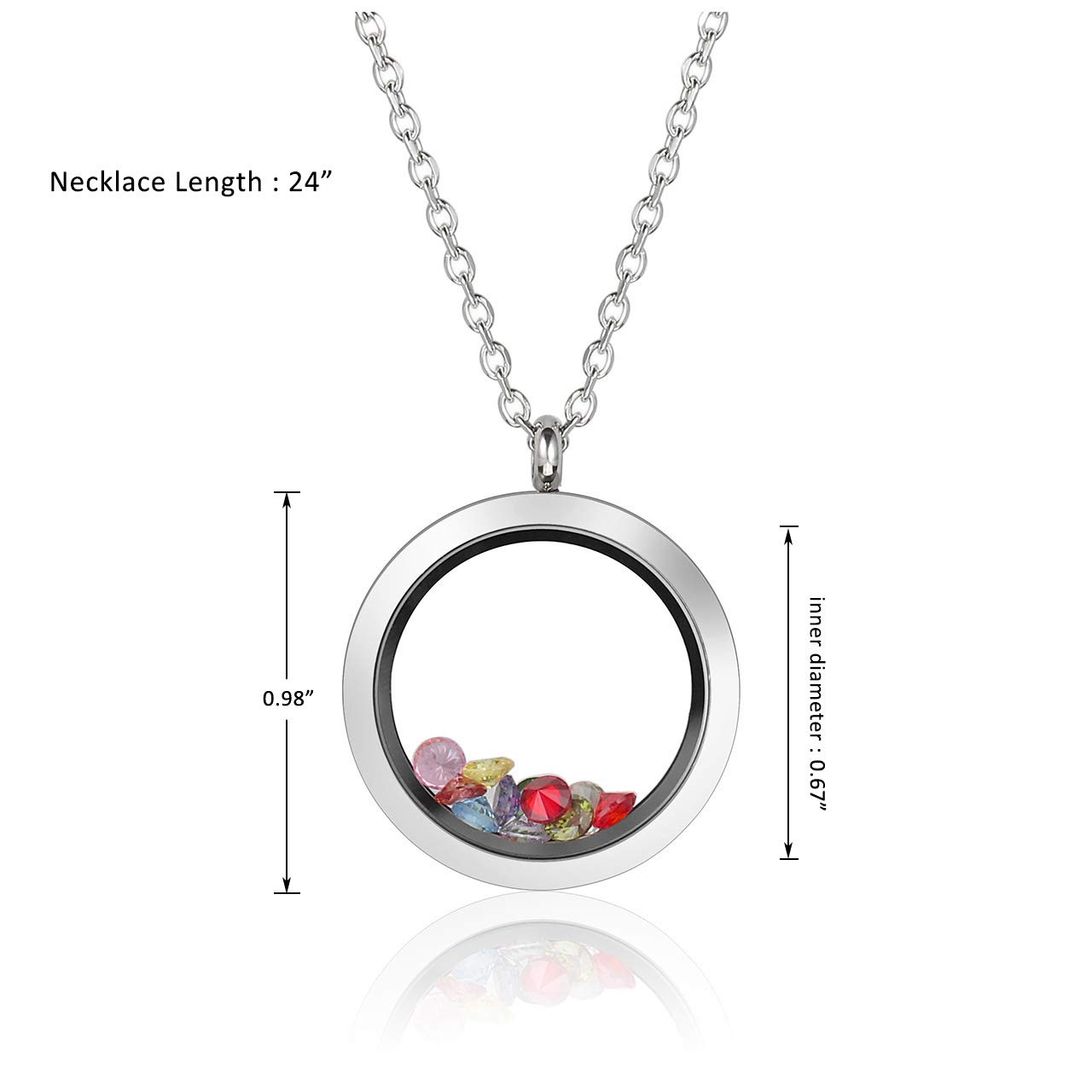 PiercingJ Living Memory Floating Locket Pendant Necklace Polished Round Stainless Steel Memorial Keepsake Glass Locket Necklace for Women, Free 12pcs Cubic Zirconia Birthstone