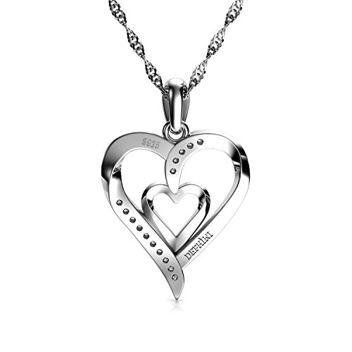 DEPHINI - Heart Necklace - 925 Sterling Silver - Double Love Heart Pendant with CZ Crystals - Jewelry for Woman - 18" Chain - Rhodium Plated