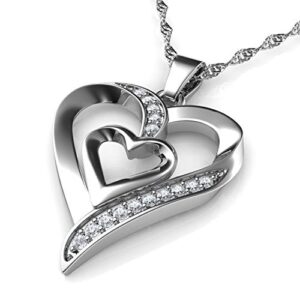 DEPHINI - Heart Necklace - 925 Sterling Silver - Double Love Heart Pendant with CZ Crystals - Jewelry for Woman - 18" Chain - Rhodium Plated