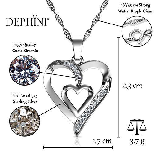 DEPHINI - Heart Necklace - 925 Sterling Silver - Double Love Heart Pendant with CZ Crystals - Jewelry for Woman - 18" Chain - Rhodium Plated