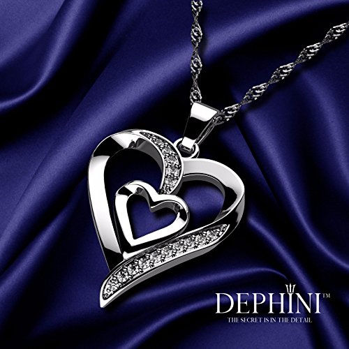 DEPHINI - Heart Necklace - 925 Sterling Silver - Double Love Heart Pendant with CZ Crystals - Jewelry for Woman - 18" Chain - Rhodium Plated