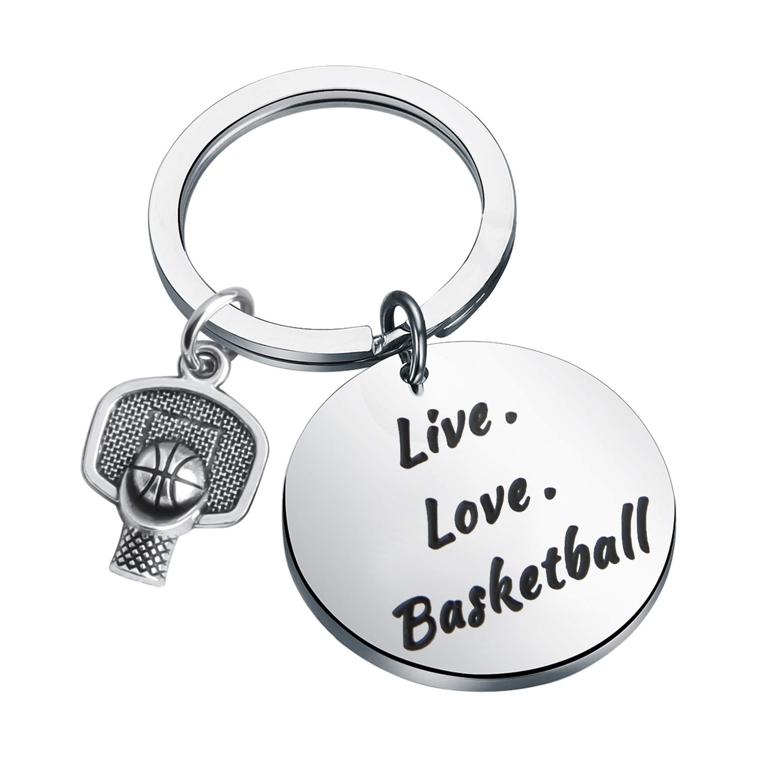 FEELMEM Sports Charms Live Love Basketball Keychain Basketball Hoop Basketball Jewelry Fitness Jewelry Keyring Gift for Players & Coaches (Silver)