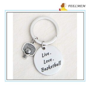 FEELMEM Sports Charms Live Love Basketball Keychain Basketball Hoop Basketball Jewelry Fitness Jewelry Keyring Gift for Players & Coaches (Silver)