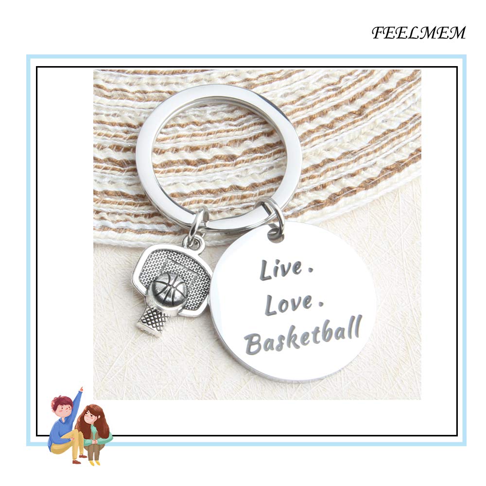 FEELMEM Sports Charms Live Love Basketball Keychain Basketball Hoop Basketball Jewelry Fitness Jewelry Keyring Gift for Players & Coaches (Silver)