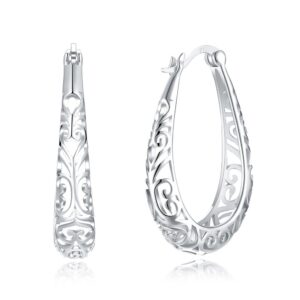 NewZenro Vintage Filigree 925 Sterling Silver Small Hoop Earrings for Women Girls Fashion Oval Hollow-out Texture Flower Dainty Huggie Hoops Hypoallergenic Pierced Jewelry Gifts