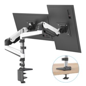 SHOPPINGALL Fully Adjustable Dual Gas Spring LCD Monitor Mount Stand with 2 Arm for 15”-32” Monitors, Clamp and Grommet Mounting Options in The Box, 6 ft HDMI Cable included - SA-GA24-White