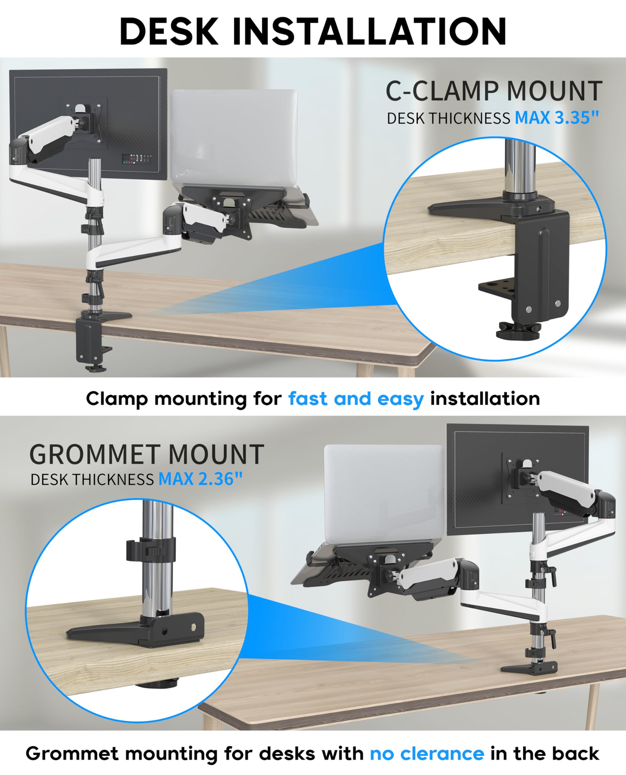 SHOPPINGALL Fully Adjustable Dual Gas Spring LCD Monitor Mount Stand with 2 Arm for 15”-32” Monitors, Clamp and Grommet Mounting Options in The Box, 6 ft HDMI Cable included - SA-GA24-White