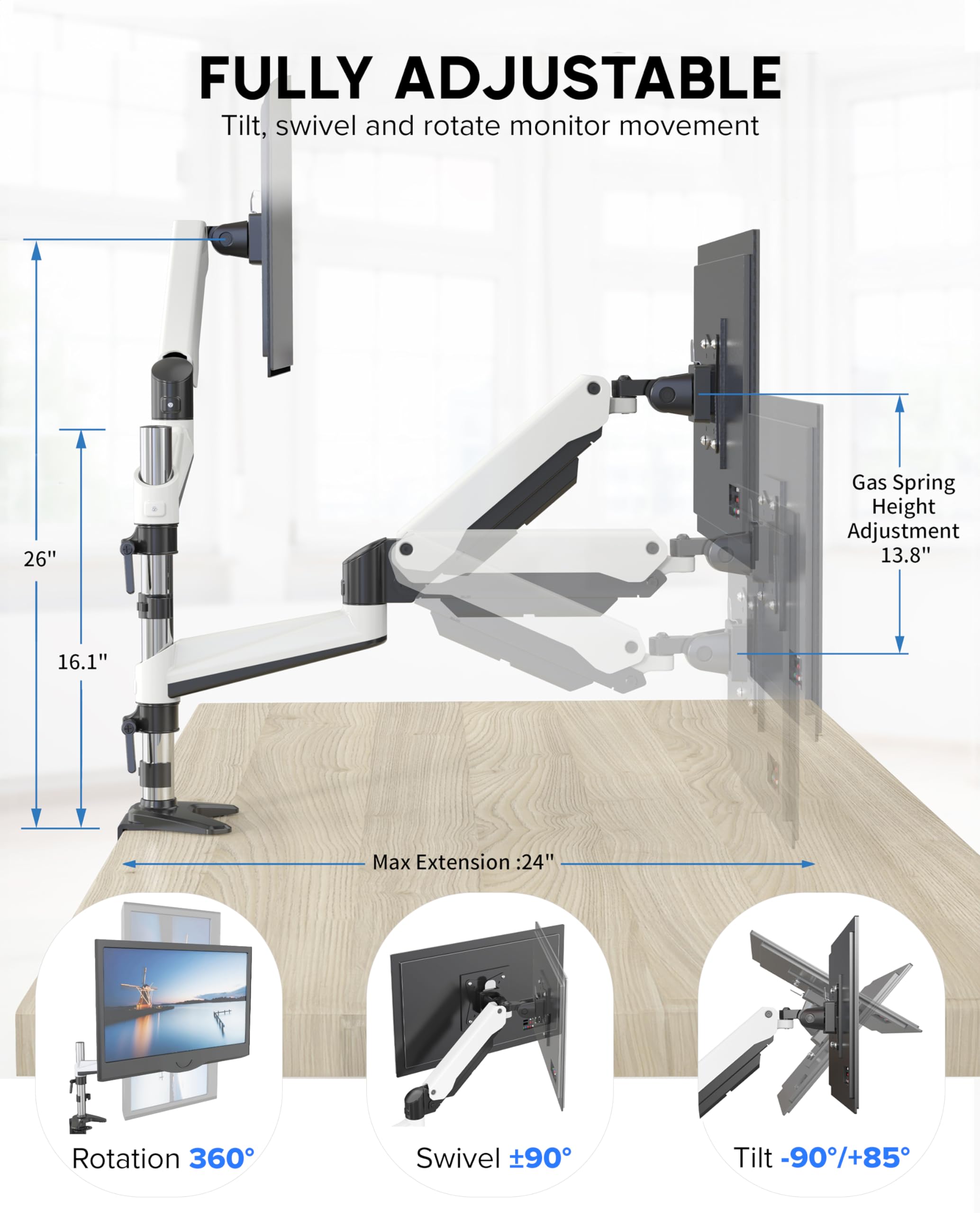 SHOPPINGALL Fully Adjustable Dual Gas Spring LCD Monitor Mount Stand with 2 Arm for 15”-32” Monitors, Clamp and Grommet Mounting Options in The Box, 6 ft HDMI Cable included - SA-GA24-White