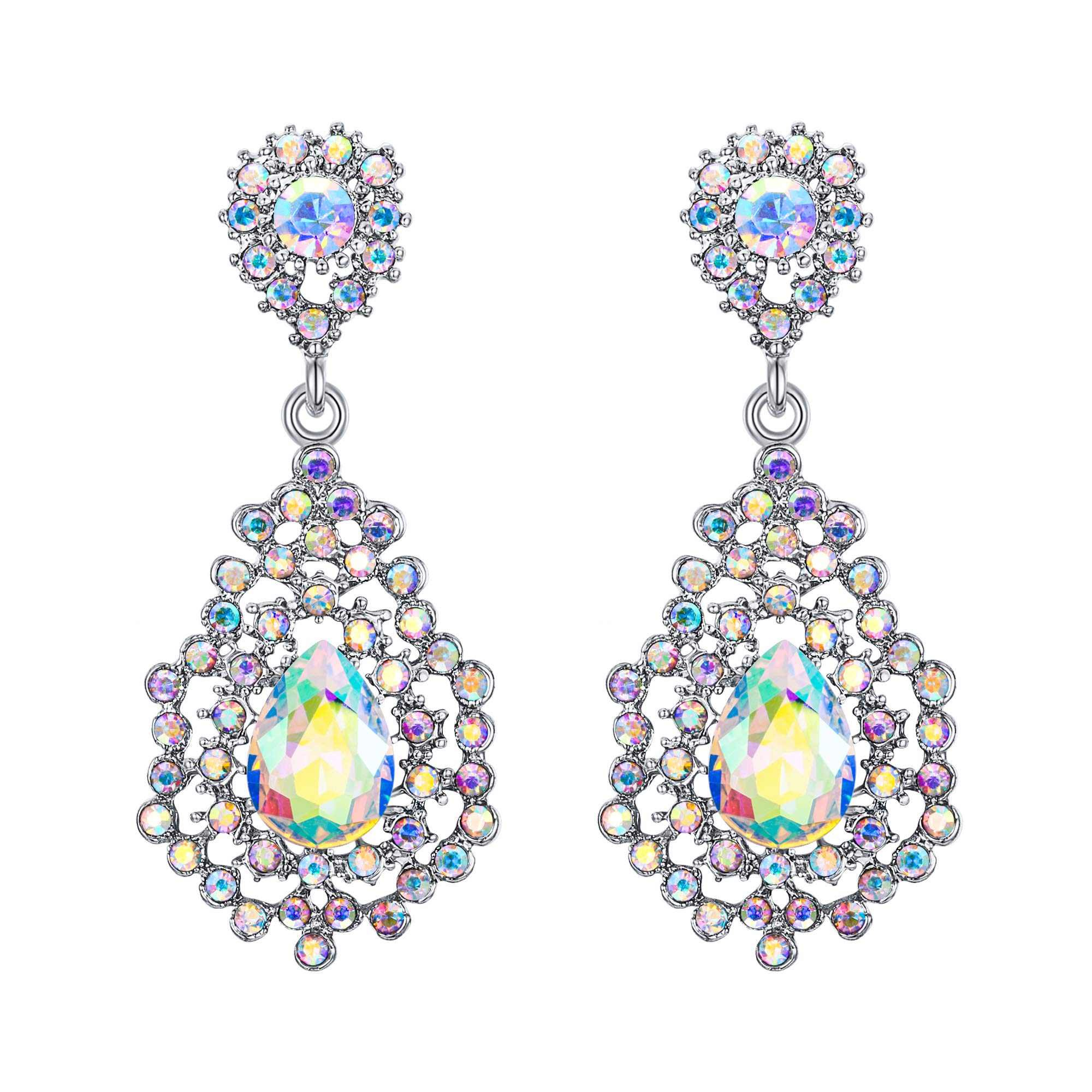 EVER FAITH Austrian Crystal Art Deco Hollow Bride Drop Dangle Earrings Iridescent Clear AB Silver-Tone