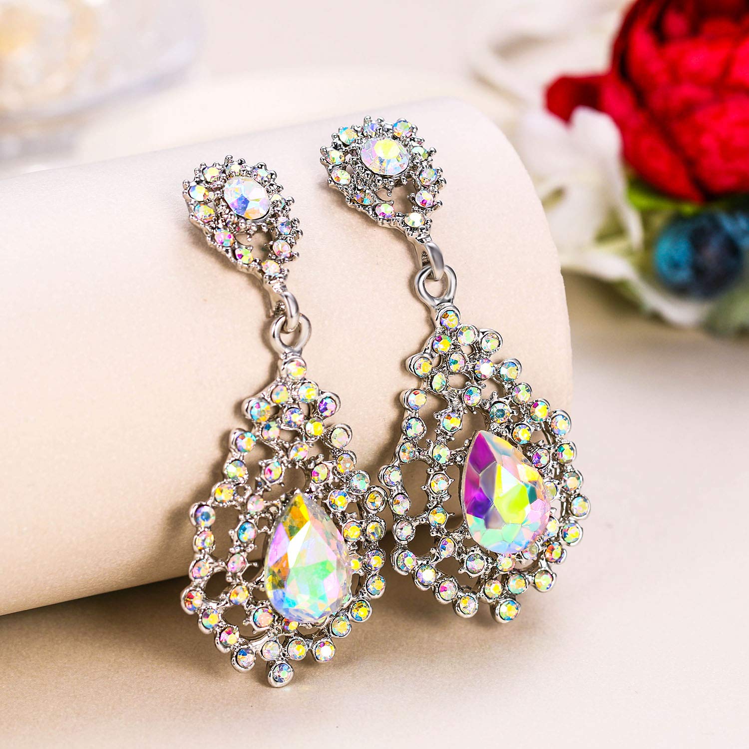 EVER FAITH Austrian Crystal Art Deco Hollow Bride Drop Dangle Earrings Iridescent Clear AB Silver-Tone