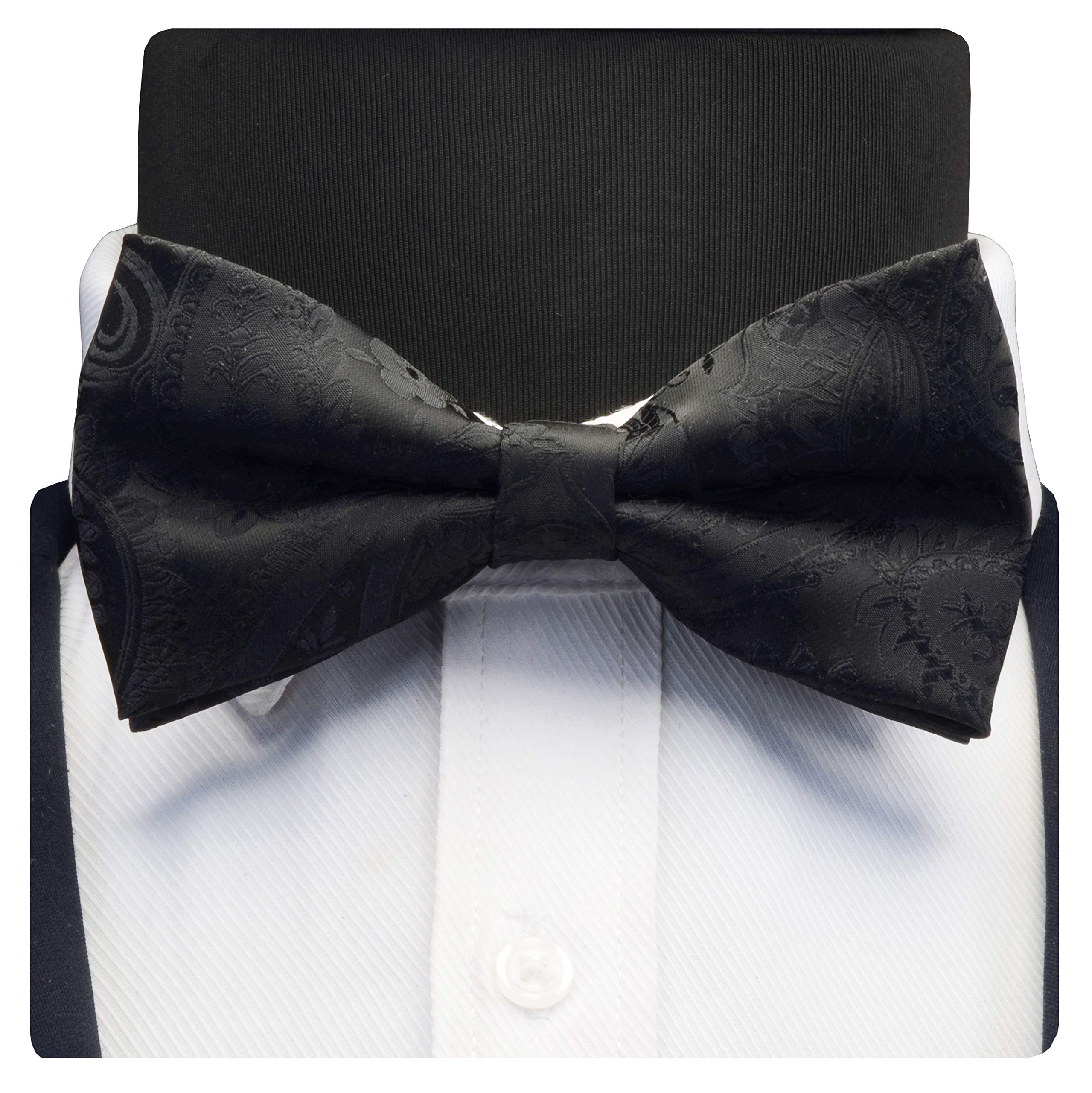 GUSLESON Black Paisley Bow Tie Wedding Pre-tied Silk BowTies and Pocket Square Cufflink Set(0581-01)