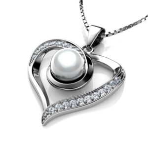 dephini - real pearl necklace woman heart pendant cubic zirconia 925 sterling silver rhodium plating 45cm sterling silver chain fine jewellery box - gifts for women