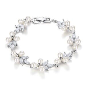 ever faith women's cz cream simulated pearl floral leaf wedding bride tennis bracelet white silver-tone