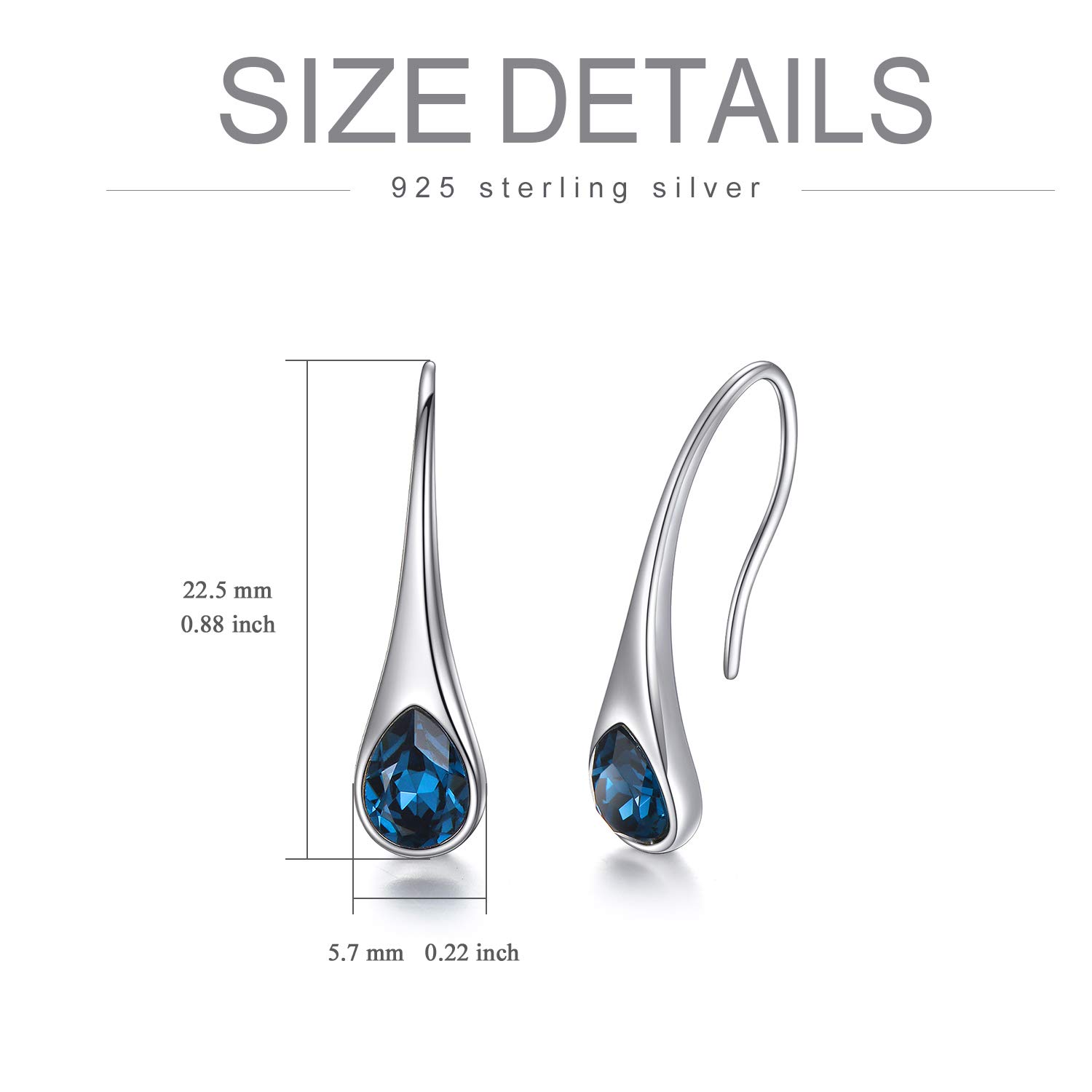 925 Sterling Silver Teardrop Earrings, Hypoallergenic Dangle Drop Earrings for Women with Crystals from Austria (London Blue)