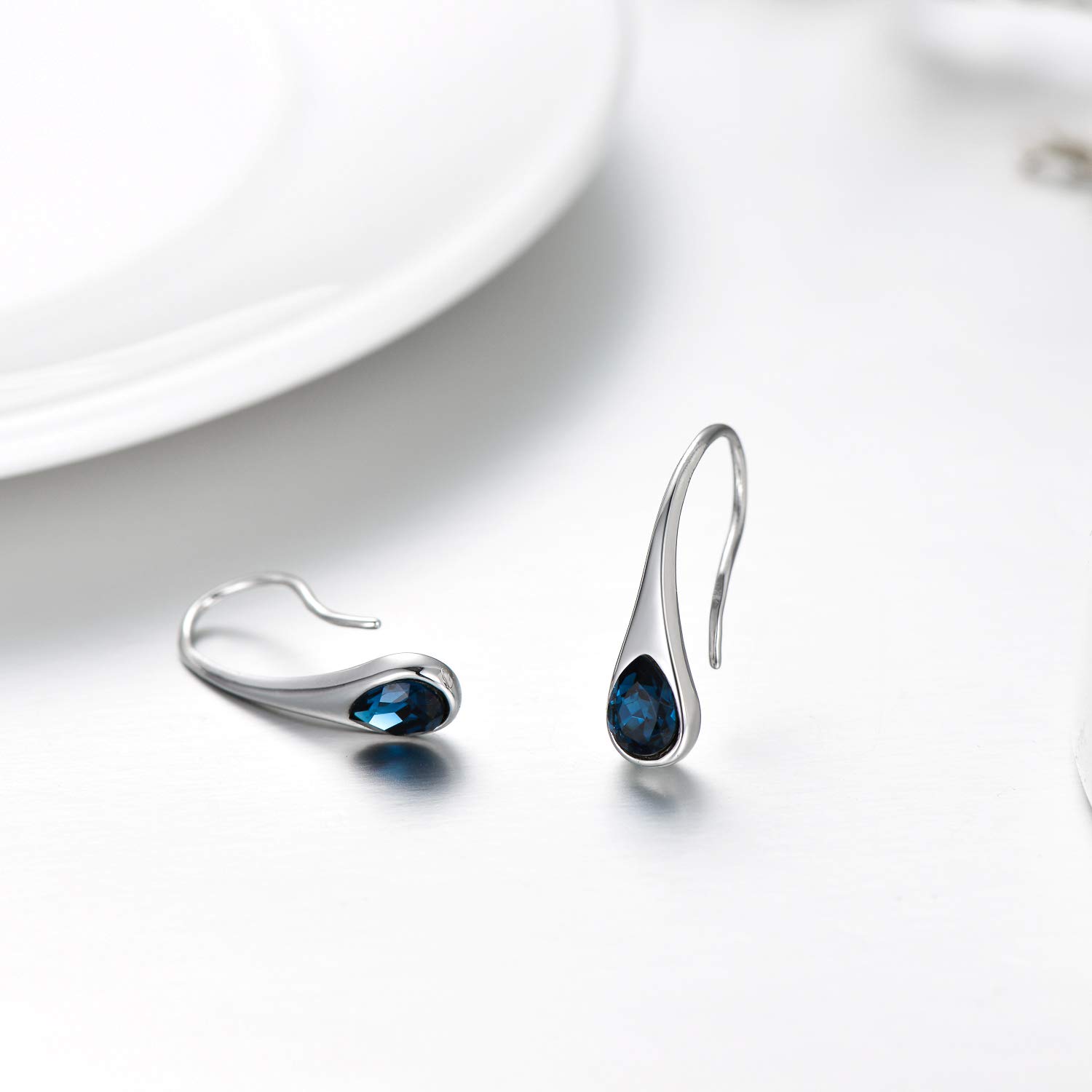 925 Sterling Silver Teardrop Earrings, Hypoallergenic Dangle Drop Earrings for Women with Crystals from Austria (London Blue)