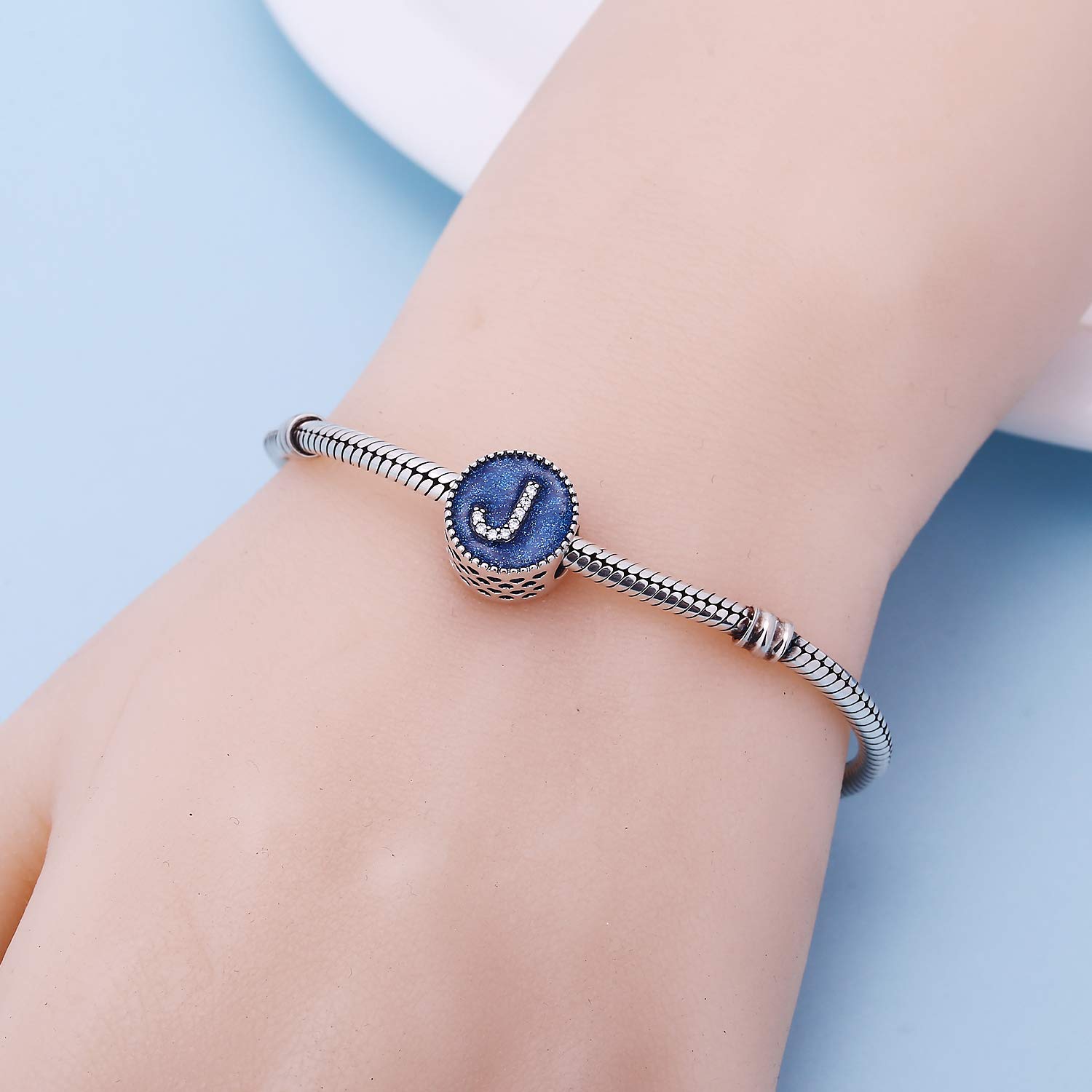 Alphabet A-Z Cubic Stone Charms Solid 925 Sterling Silver Blue Ocean Letter Beads for Pandora Snake Chain Bracelet (Letter J)