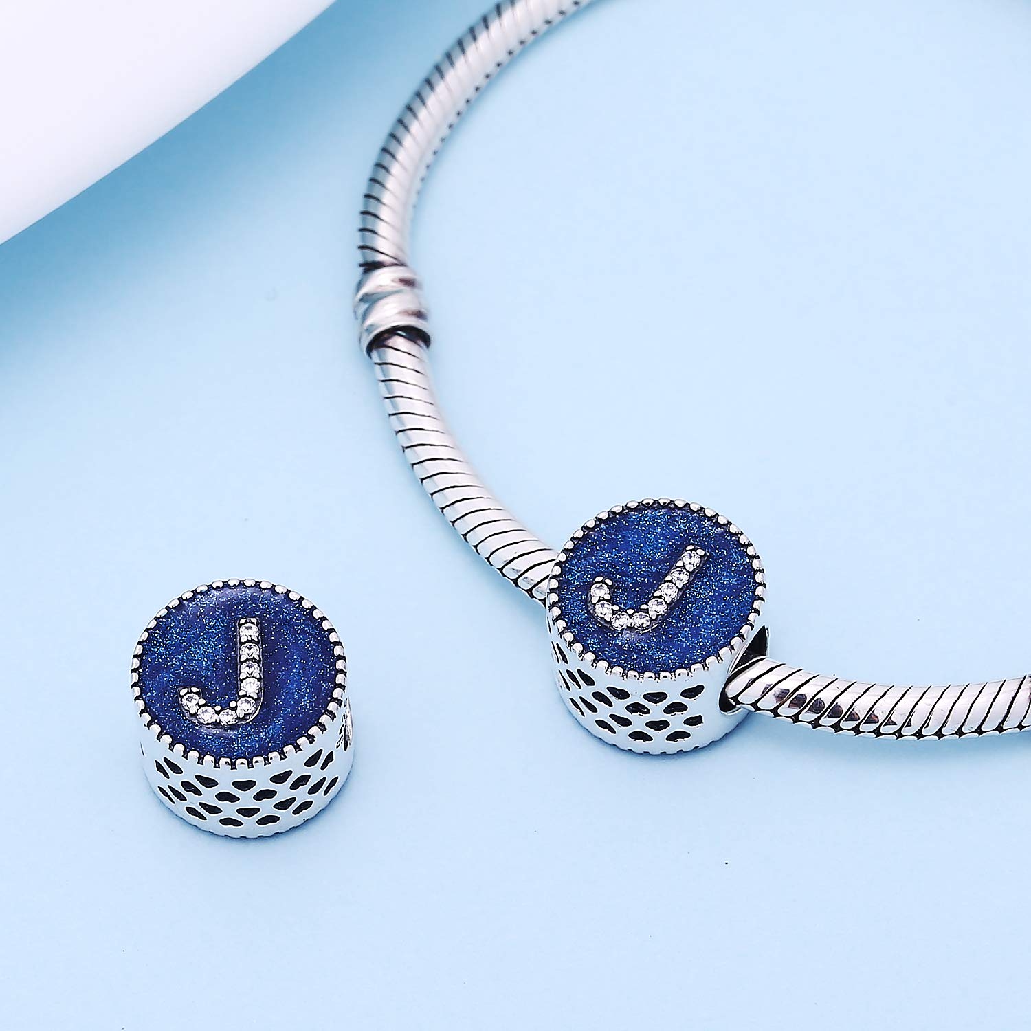 Alphabet A-Z Cubic Stone Charms Solid 925 Sterling Silver Blue Ocean Letter Beads for Pandora Snake Chain Bracelet (Letter J)