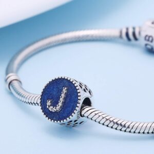 Alphabet A-Z Cubic Stone Charms Solid 925 Sterling Silver Blue Ocean Letter Beads for Pandora Snake Chain Bracelet (Letter J)