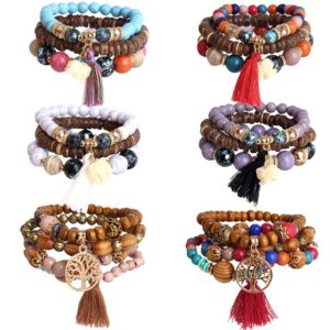 Hicdaw 6 Sets Stackable Bracelets for Women Colorful Bohemian Bracelets Hippie Jewelry Tassel Stretch Bracelet Set Gifts Bracelets for Women Beaded Bracelet