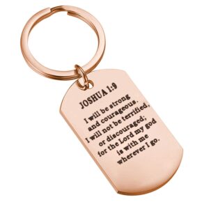 bekech joshua 1:9 bible verse keychain i will be strong and courageous dog tag keychain religious jewelry christian keyring gift (rose gold)