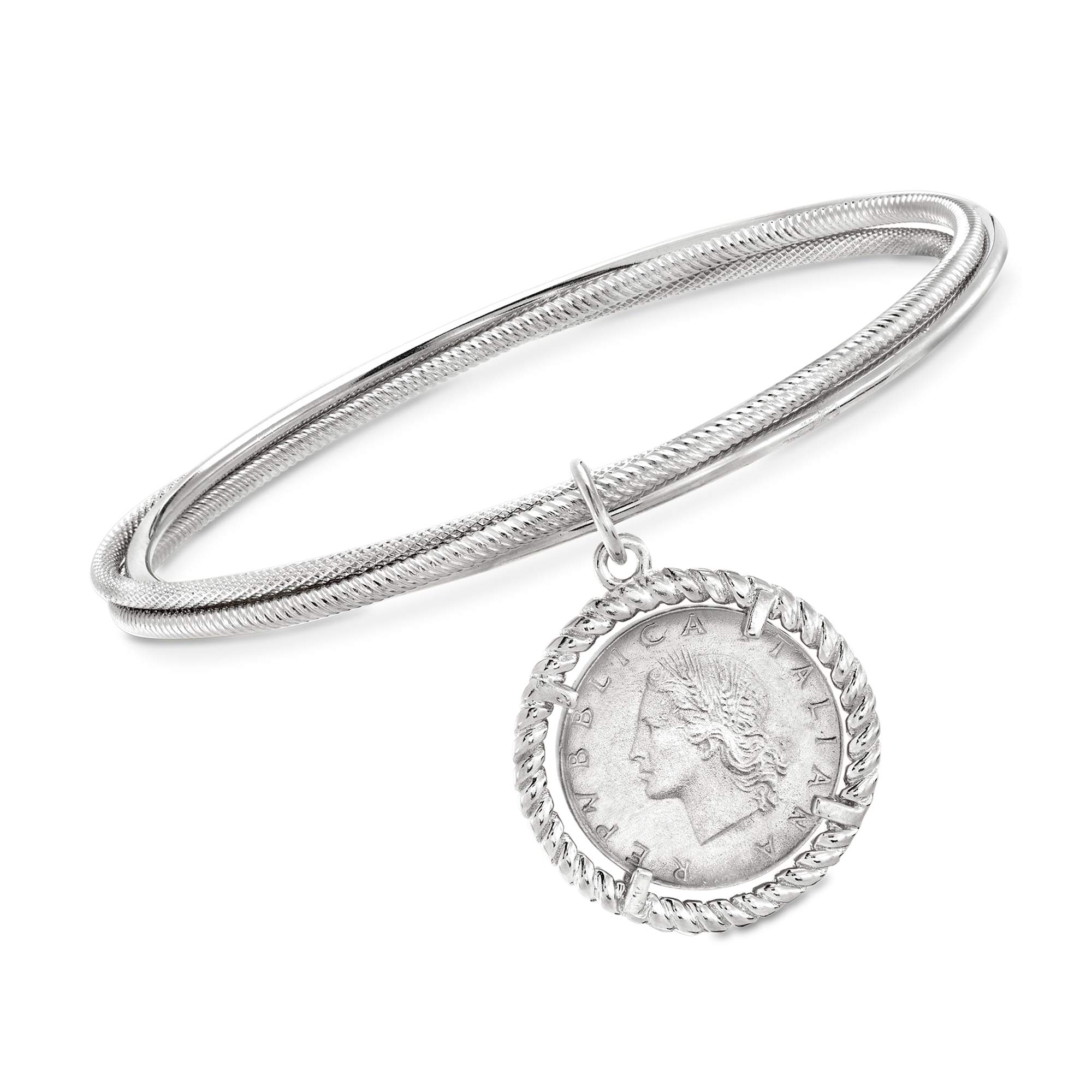 Ross-Simons Italian Sterling Silver Lira Coin Triple-Bangle Bracelet. 7.5 inches