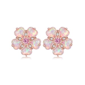 CiNily 14K Rose Gold Plated Flower Stud Earrings Womens Pink Opal Earrings Hypoallergenic Big Gemstone Stud Earrings 15mm