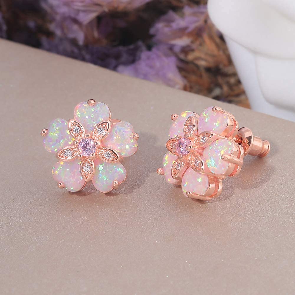 CiNily 14K Rose Gold Plated Flower Stud Earrings Womens Pink Opal Earrings Hypoallergenic Big Gemstone Stud Earrings 15mm