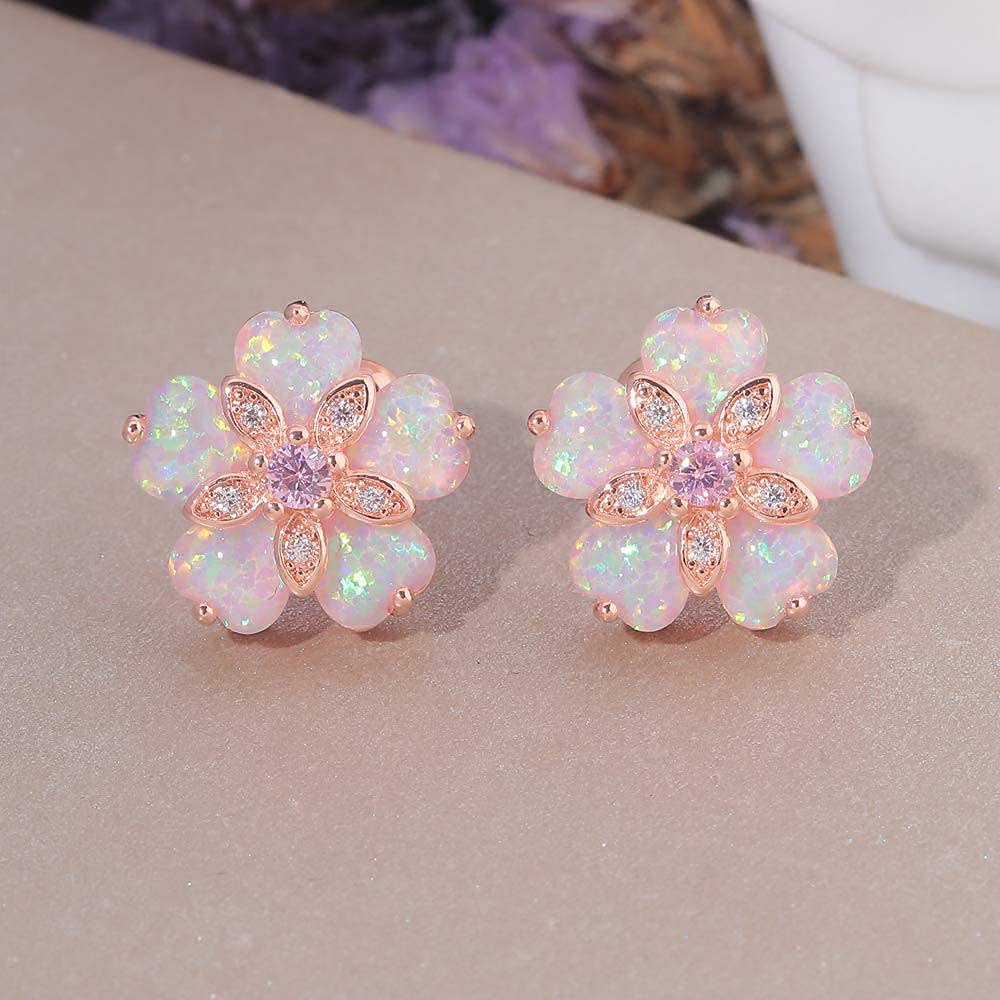 CiNily 14K Rose Gold Plated Flower Stud Earrings Womens Pink Opal Earrings Hypoallergenic Big Gemstone Stud Earrings 15mm