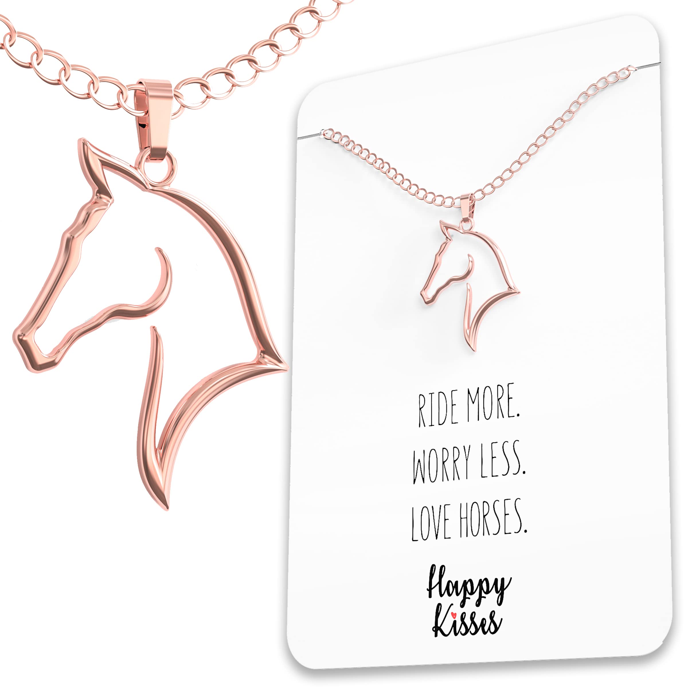 Happy Kisses Horse Necklace - Elegant Horse Themed Jewelry for Girls 8-12 & Women - Charm with Message Card - Equestrian Gifts for “I Love Horses” and Racing