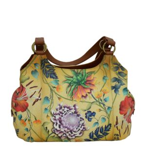 Anuschka Women’s Genuine Leather Large Triple Compartment Hobo - Hand Painted Exterior - Caribbean Garden