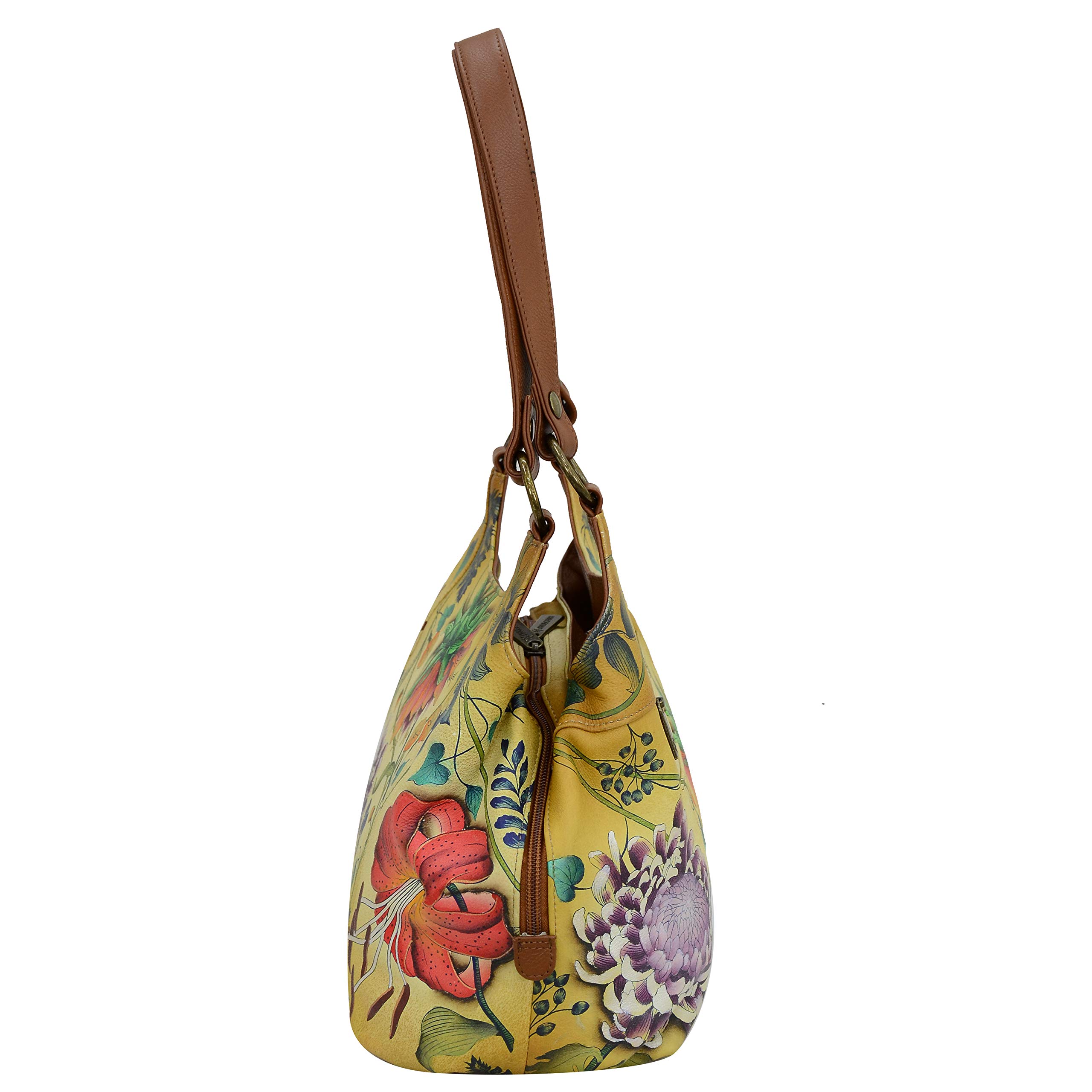 Anuschka Women’s Genuine Leather Large Triple Compartment Hobo - Hand Painted Exterior - Caribbean Garden