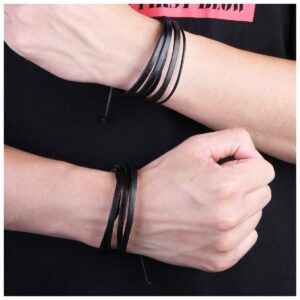 STWTR Adjustable Leather Bracelet Black Leather Wristband cuff genuine men and women