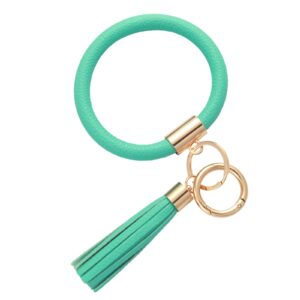 coolcos key ring bracelets wristlet keychain bangle keyring - large circle leather tassel bracelet holder for women gift(turquoise blue)