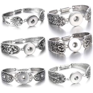 LOVGLISTEN 6pcs Flowers Carved Vintage Magnetic Snap Bracelet Bangle for 18mm Snap Button Jewelry （11）