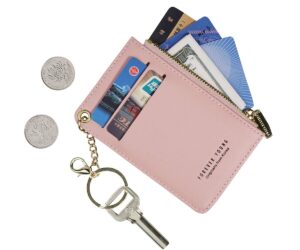 small wallets for women slim leather card case holder wallet coin change purse with keychain (light pink)