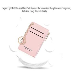 Small Wallets for Women Slim Leather Card Case Holder Wallet Coin Change Purse with Keychain (Light pink)