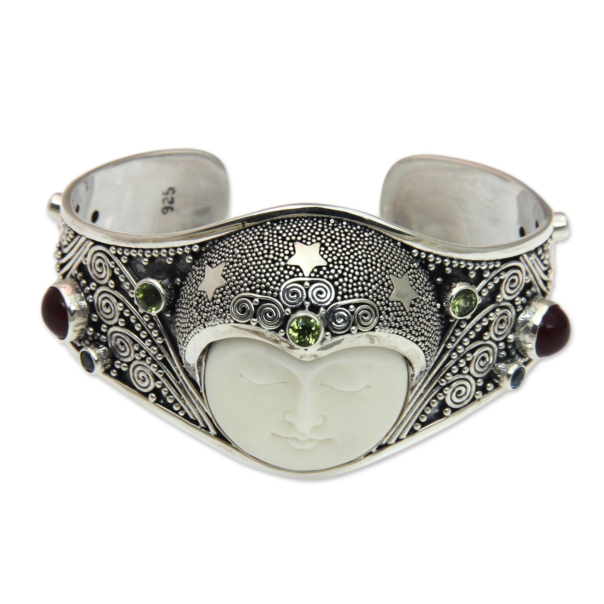 NOVICA Artisan Handmade Peridot Carnelian Cuff Bracelet with Gemstones Bone Silver Sterling Blue Topaz Multigem Green Multicolor Red Indonesia Sun Moon Birthstone Balinese Traditional [6 in Inner Cir]