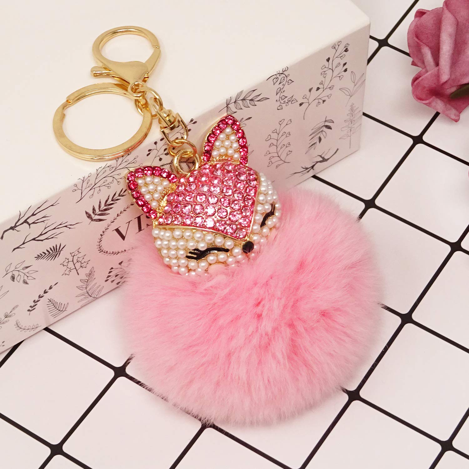 Honbay Faux Rabbit Fur Fluffy Keychain Fashion Fox Head Alloy Keychain Sparkly Rhinestone Handbag Backpack Car Keychain (Pink)