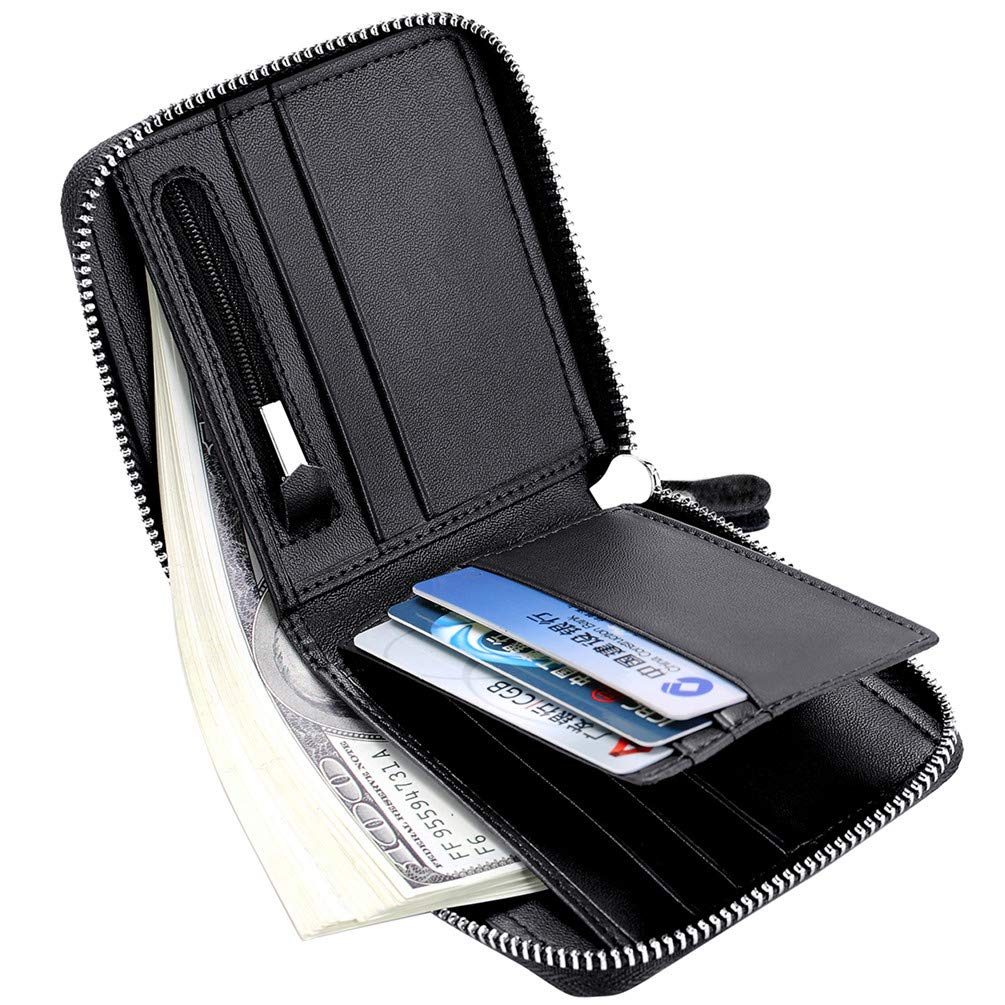 Veeskyee Wallets for Men with Zipper Zip Around Wallet Genuine Leather Secure Credit Card Holder for Men Carbon Fiber Texture Black