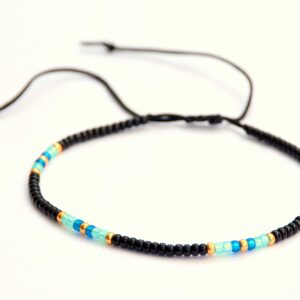 Anklet for Women, Unique Beaded Thin Anklet, Black Gold Colorful Boho Hippie Waterproof Beach Foot Jewelry, Native American Style, Handmade by Tribes (S-M (adjustable))