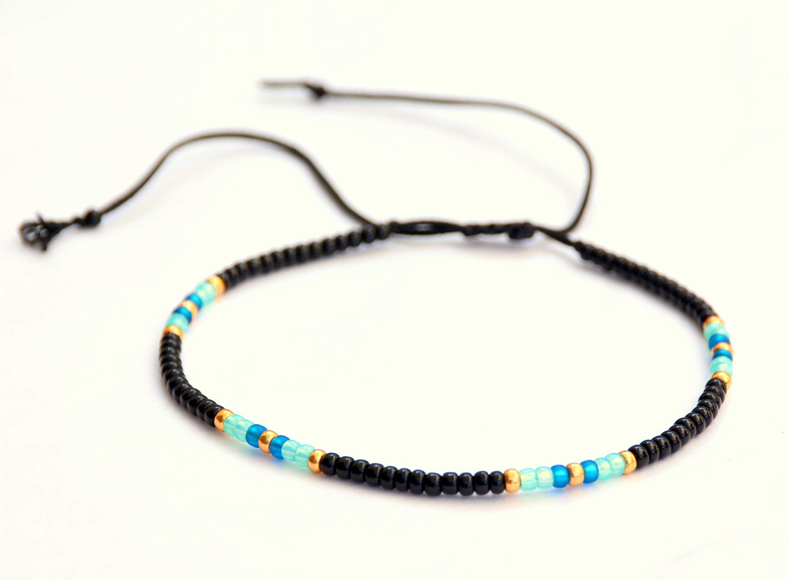 Anklet for Women, Unique Beaded Thin Anklet, Black Gold Colorful Boho Hippie Waterproof Beach Foot Jewelry, Native American Style, Handmade by Tribes (S-M (adjustable))