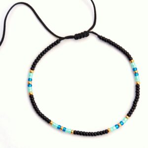 Anklet for Women, Unique Beaded Thin Anklet, Black Gold Colorful Boho Hippie Waterproof Beach Foot Jewelry, Native American Style, Handmade by Tribes (S-M (adjustable))