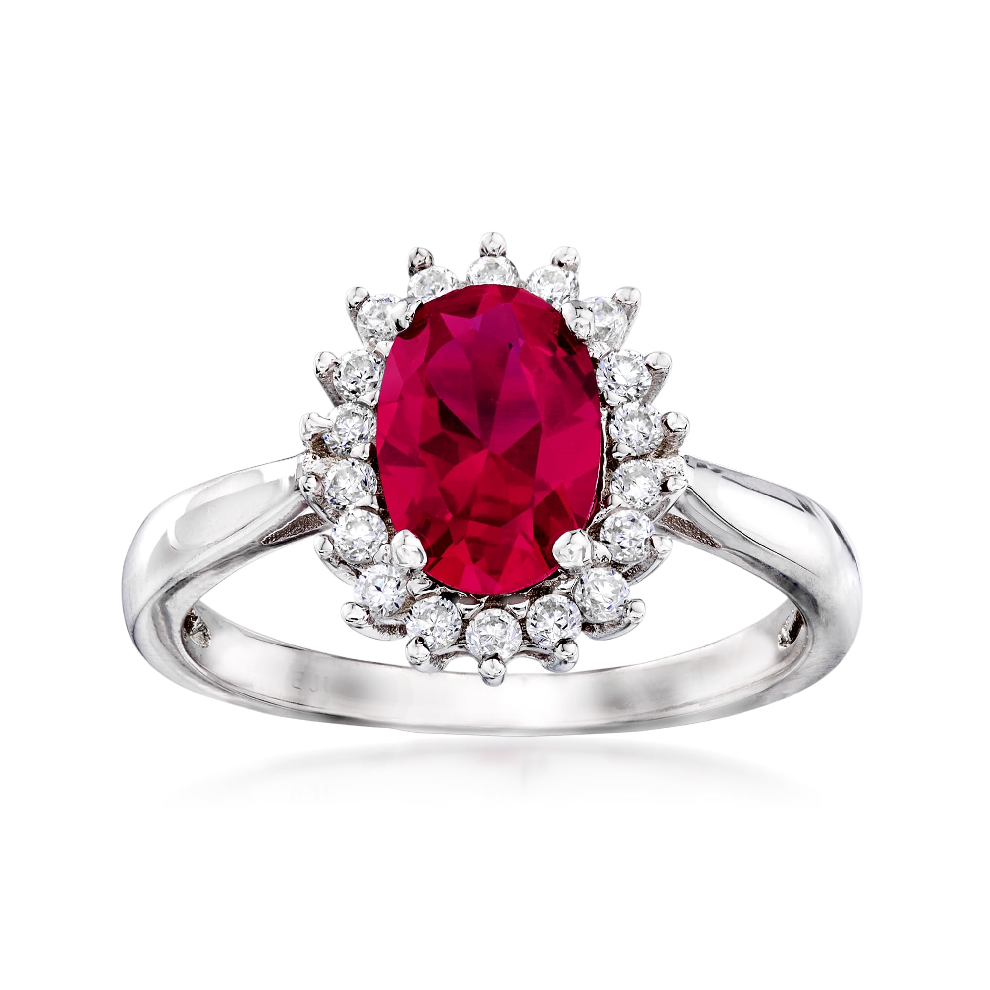 Ross-Simons 2.20 Carat Simulated Ruby and .20 ct. t.w. CZ Halo Ring in Sterling Silver. Size 9