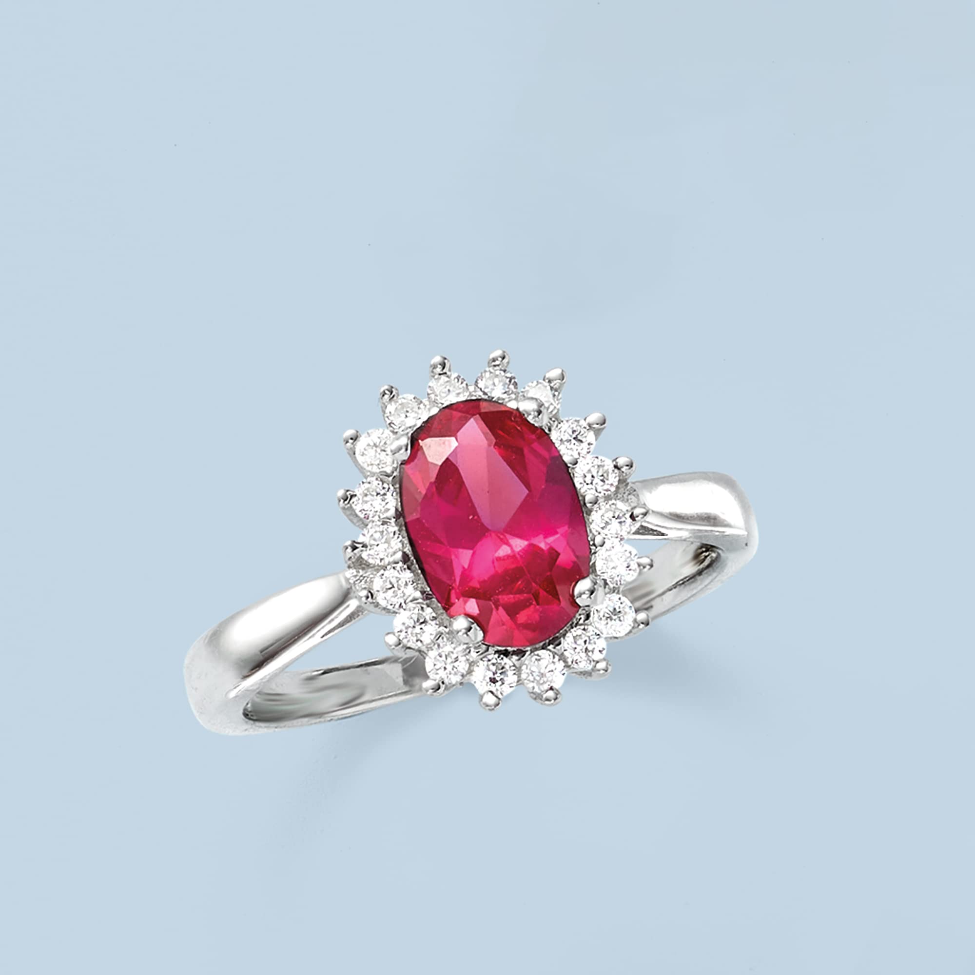 Ross-Simons 2.20 Carat Simulated Ruby and .20 ct. t.w. CZ Halo Ring in Sterling Silver. Size 9