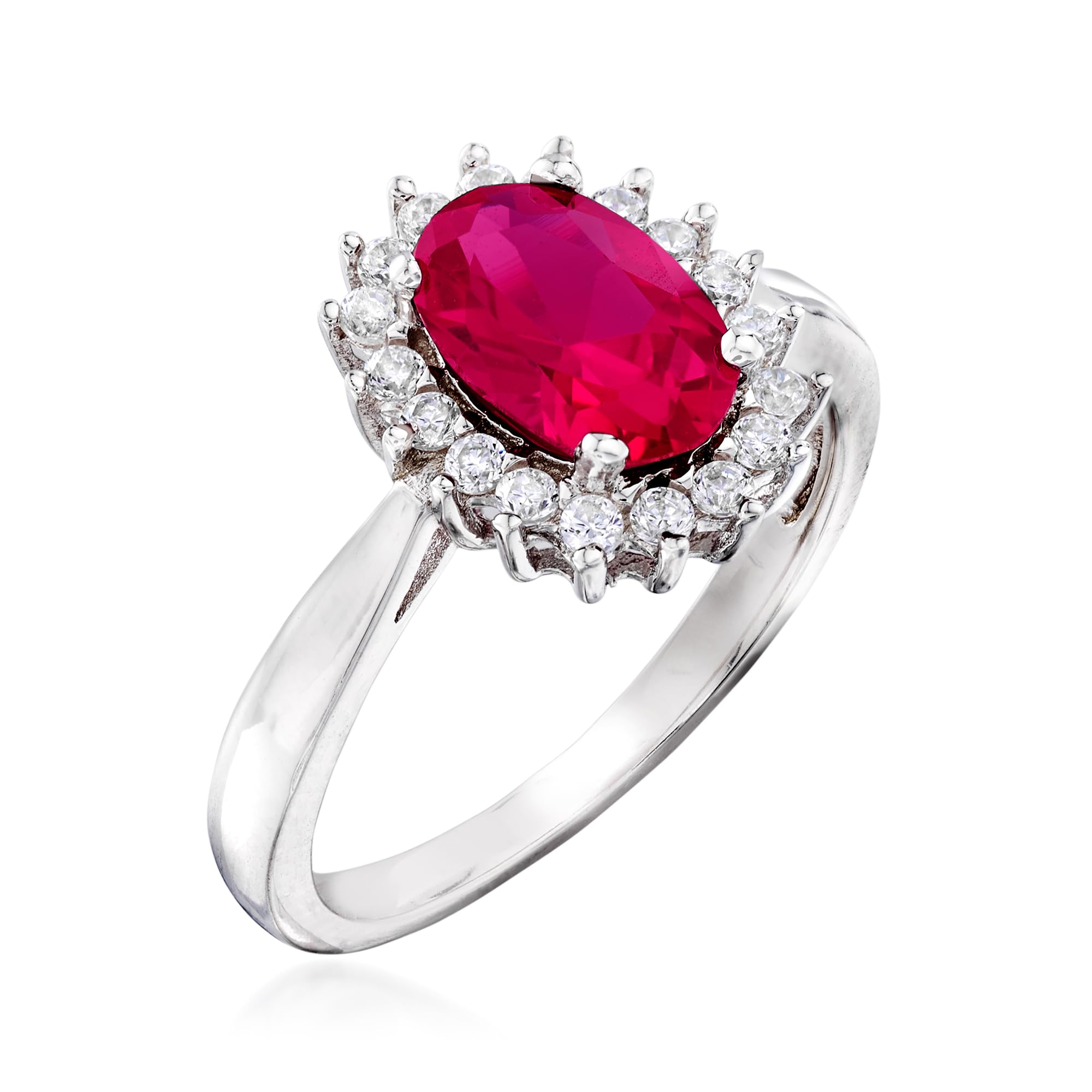 Ross-Simons 2.20 Carat Simulated Ruby and .20 ct. t.w. CZ Halo Ring in Sterling Silver. Size 9