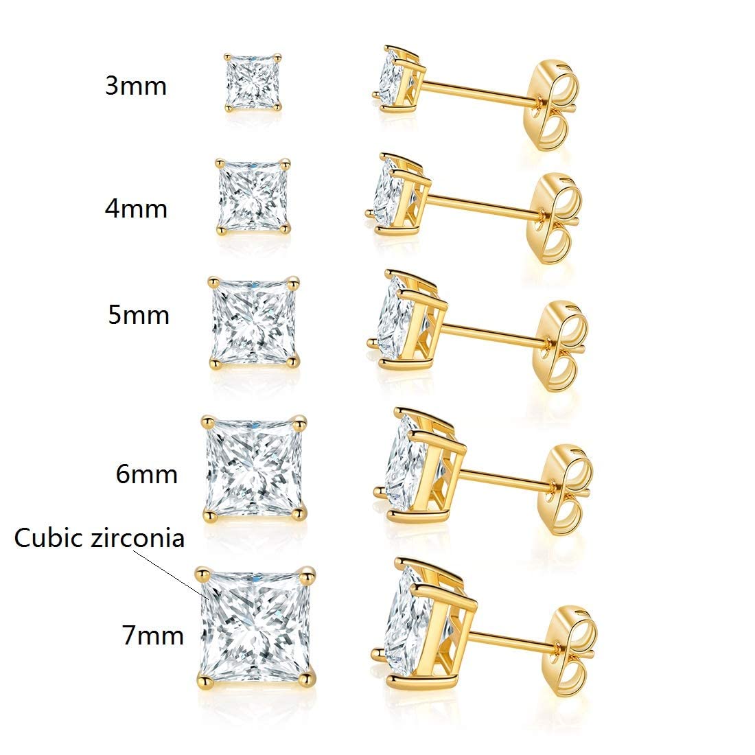 5 Pairs 14K Yellow Gold Plated Princess Cut Clear Cubic Zirconia Stud Earring Set